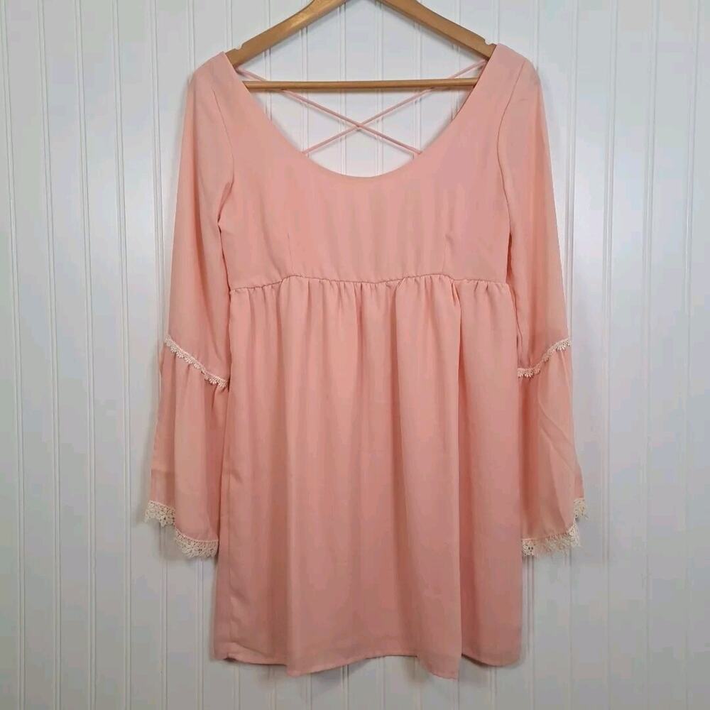 NWT Lucy Love Babydoll Mini Dress Womens Small S Pink Chiffon Peasant Boho USA